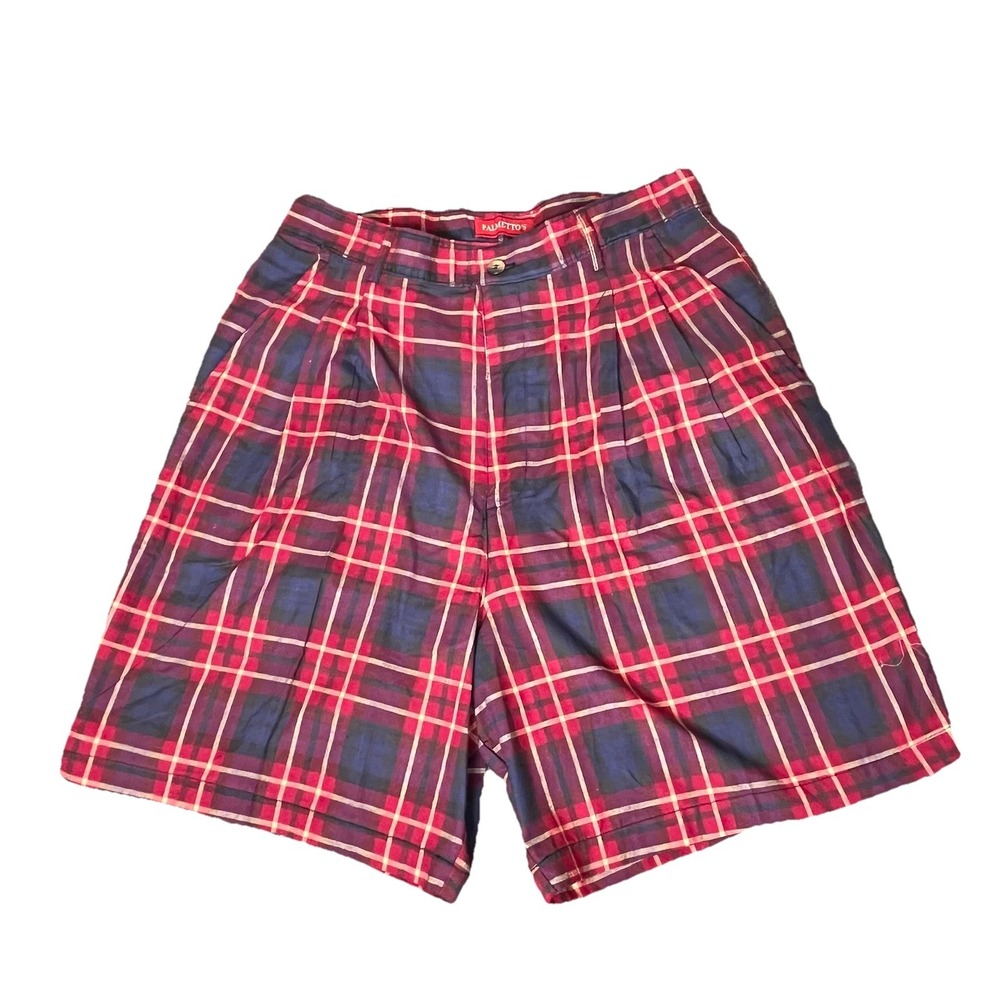 Palmettos Plaid Shorts Women Small Red Navy High Rise Pleated Vintage 90s Retro